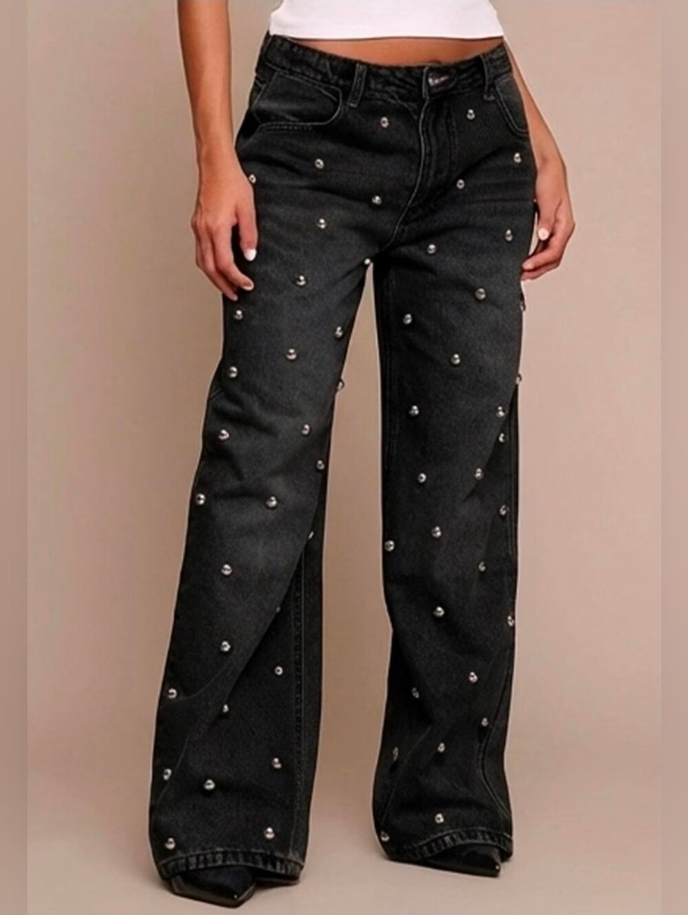 Trendy Kedera Womens Rhinestone Jeans Wide Leg Baggy Pants Y2K Mid Rise Jeans